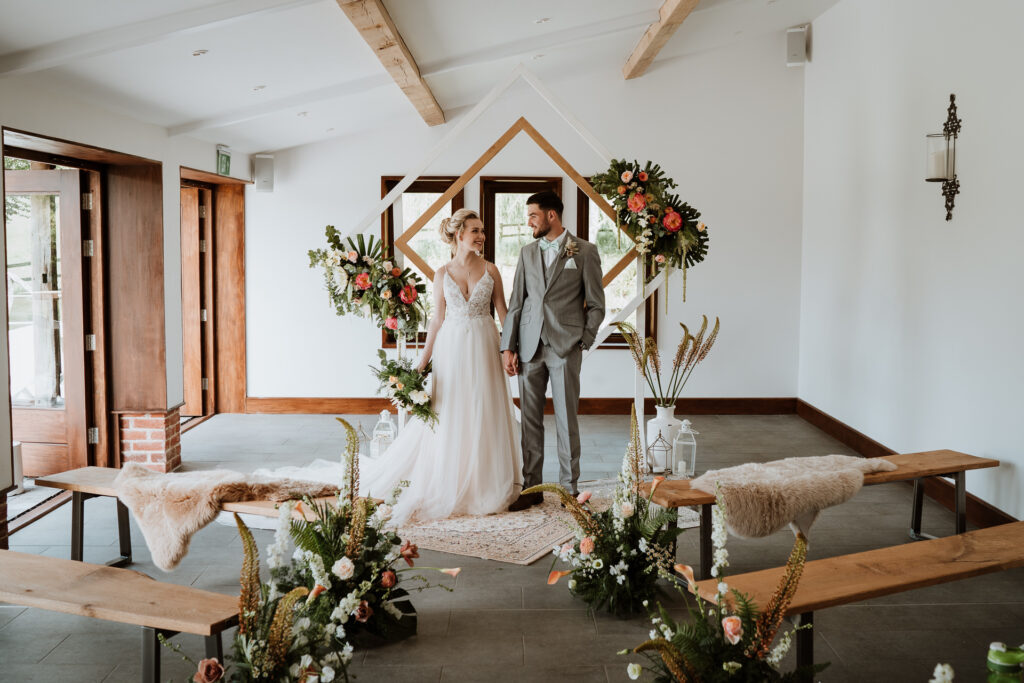 Bride and Groom in Styled shoot at The Oak Barn